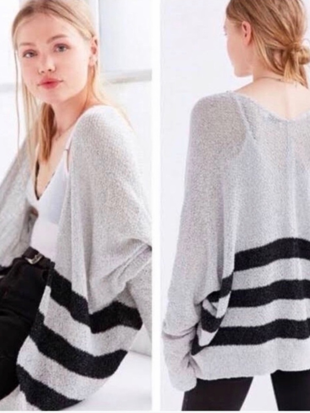 BDG Light Gray & Black Striped Oversized Drop-Shoulder Cardigan